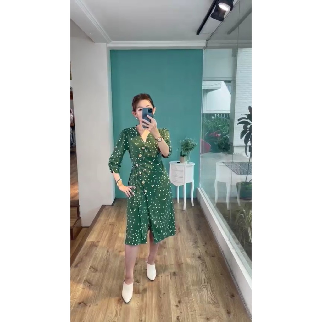 Dress kimono v neck polkadot katun halus