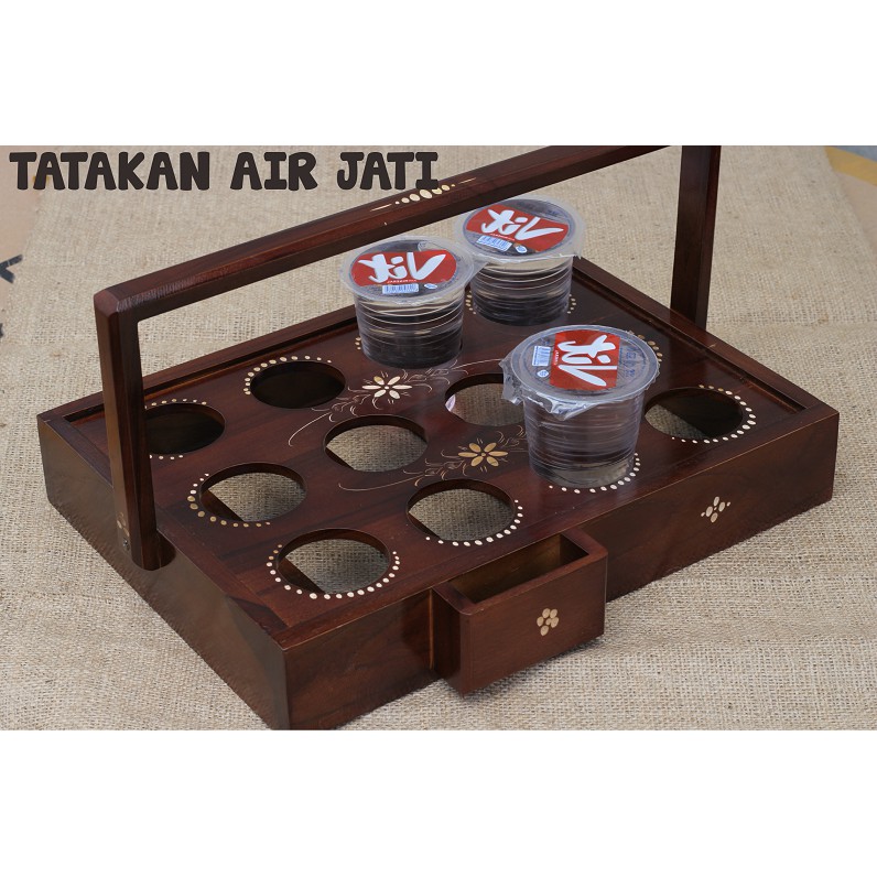 Tatakan Gelas Air Mineral Kayu Jati Ukir Cukit Motif Nampan 12 Lobang  - (Tempat Aqua Gelas  )