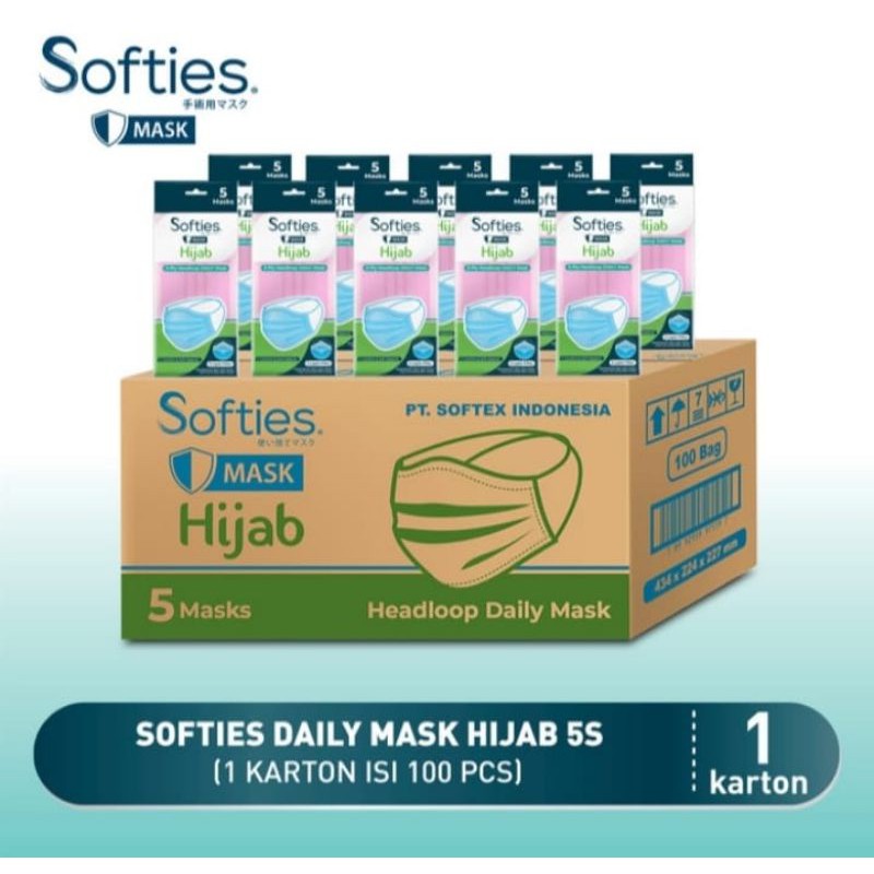 Masker Softies Hijab Headloop isi 5 Pcs 3 Ply 1 Carton