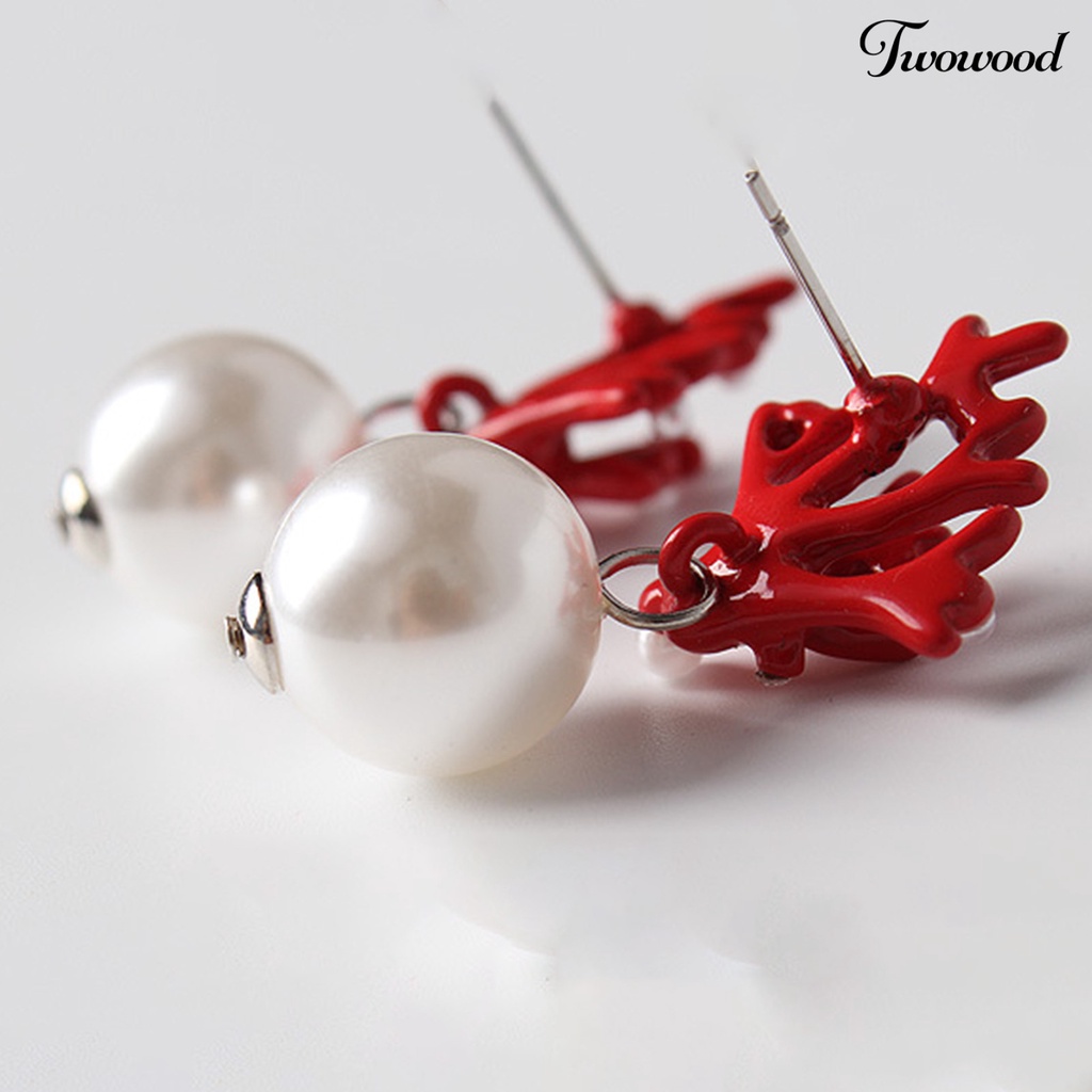 Twowood 1 Pair Ear Studs Coral Shape Faux Pearl Jewelry Cute All Match Lightweight Stud Earrings for Dating