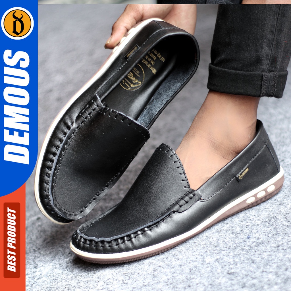 Sepatu Slip On Pria Sepatu Casual Pria Formal Kulit Asli Sepatu Pantofel Kerja Kantor Kuliah Kondangan Sepatu Slop Pria Sepatu Hitam Pria DEMOUS MYTH