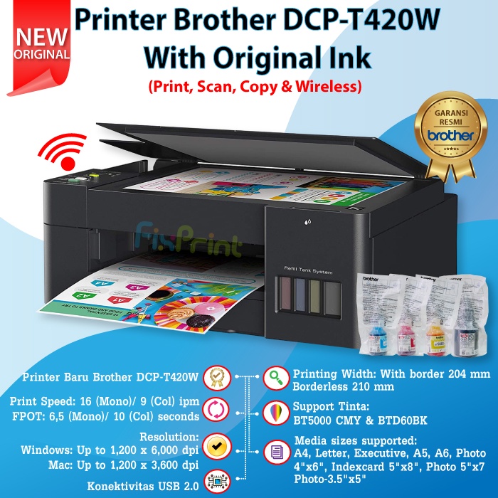 Printer Brother DCP-T420W WiFi Wireless Print-Scan-Copy All in One T420w Wi-Fi A4 Tinta BT-D60 Black BT5000 Color Cyan Magenta Yellow