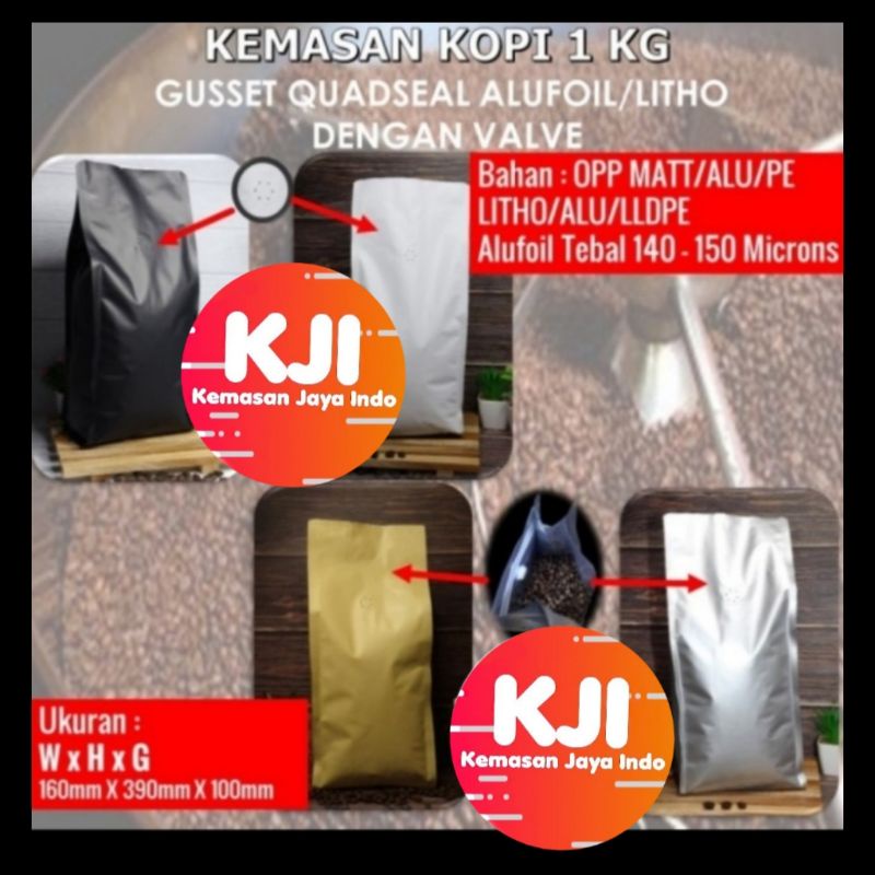 Kemasan Kopi Gusset 1kg valve.gusset hitam putih silver lithopaper.standing pouch.flat bottom