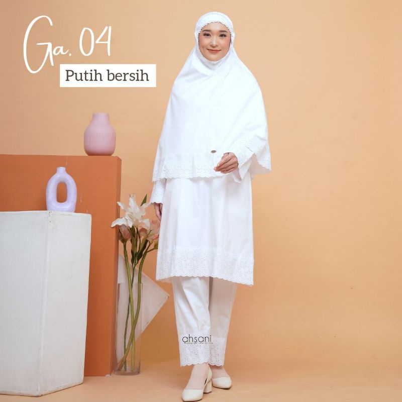 Baju Setelan Tunik dan Celana OneSet Ahsani GA.04 Putih Katun Adem Dingin Nyaman Renda Mewah Celana 