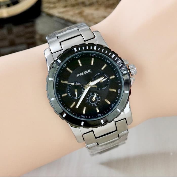 Jam Tangan Pria    Chrono On Rantai Silver plat Black