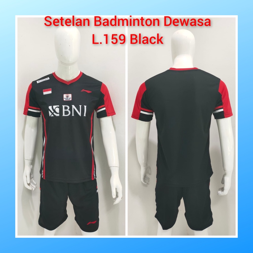 Kaos bulutangkis pria baju badminton dan celana jersey setelan wanita dewasa t-shirt outfit seragam jarsey kostum olahraga pakaian apparel sport jersy bulu tangkis casual jersi sudirman thomas uber cup print suit L159 hitam sponsor