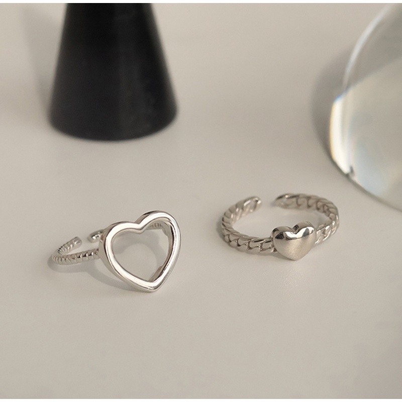 YEEZII 2pcs / Set Cincin Model Terbuka Dapat Disesuaikan Bentuk Hati Warna Silver Untuk Wanita