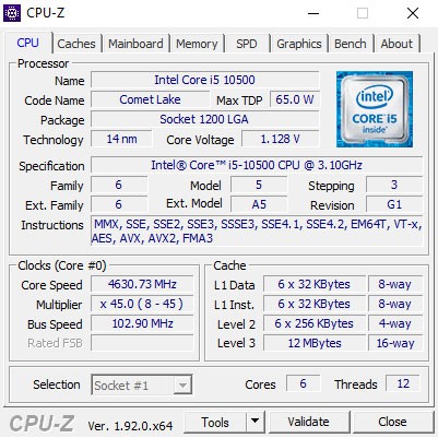 Processor Intel Core i5-10500 3.1Ghz to 4.5Ghz Comet lake LGA 1200 box