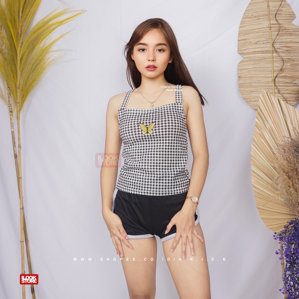 ilook | Mariposa Tanktop | Tanktop Marimar | Motif Kotak Bahan Creap | variasi bordir-MPOSA ZASH - HITAM