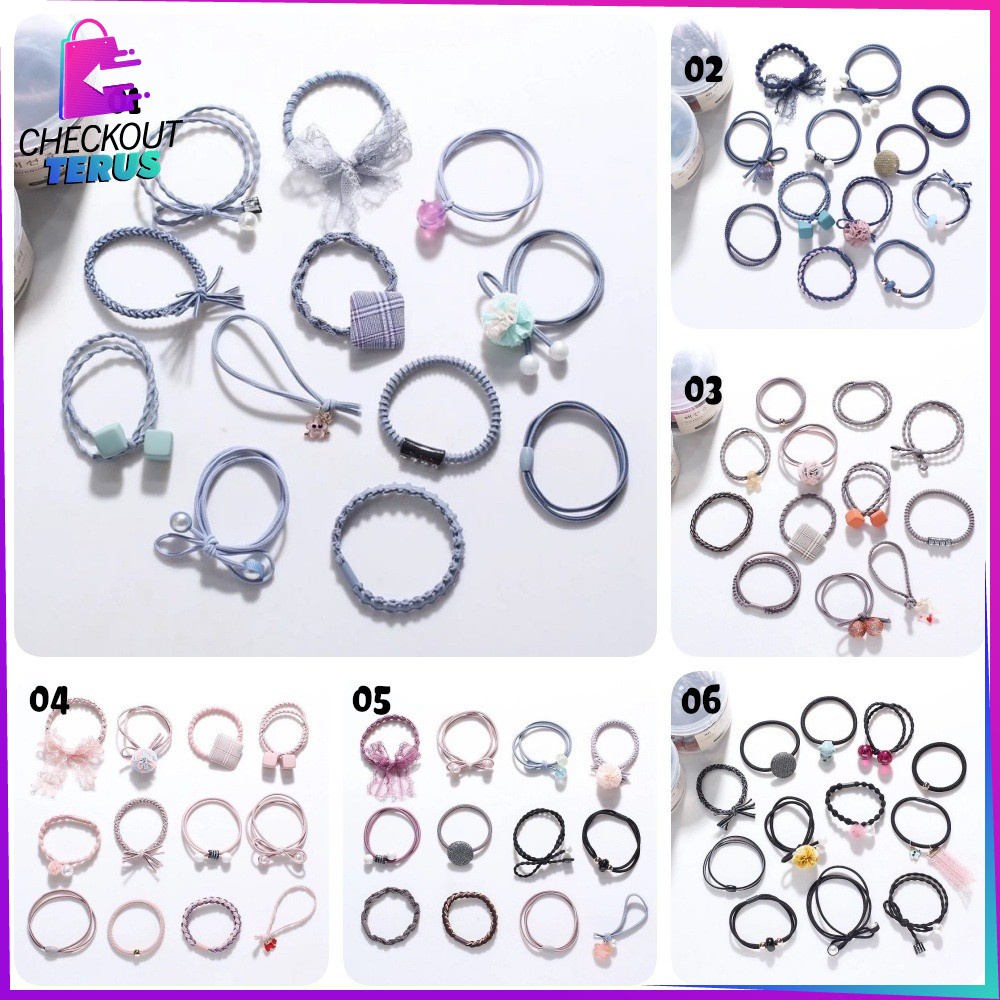 CT C13 Ikat Rambut Korea Pearl Mutiara Pita 12 PCS Karet Rambut Wanita Lucu Aksesoris Rambut Wanita Korean Style