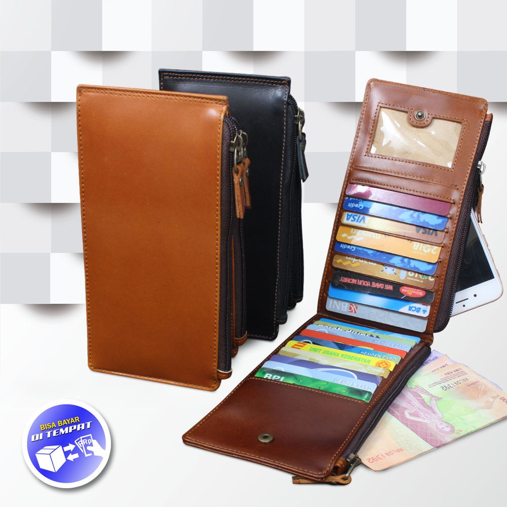 DOMPET LIPAT PANJANG FUNGSIONAL 17 SLOT KARTU BAHAN KULIT SAPI ASLI PREMIUM ANTI MENGELUPAS DKP