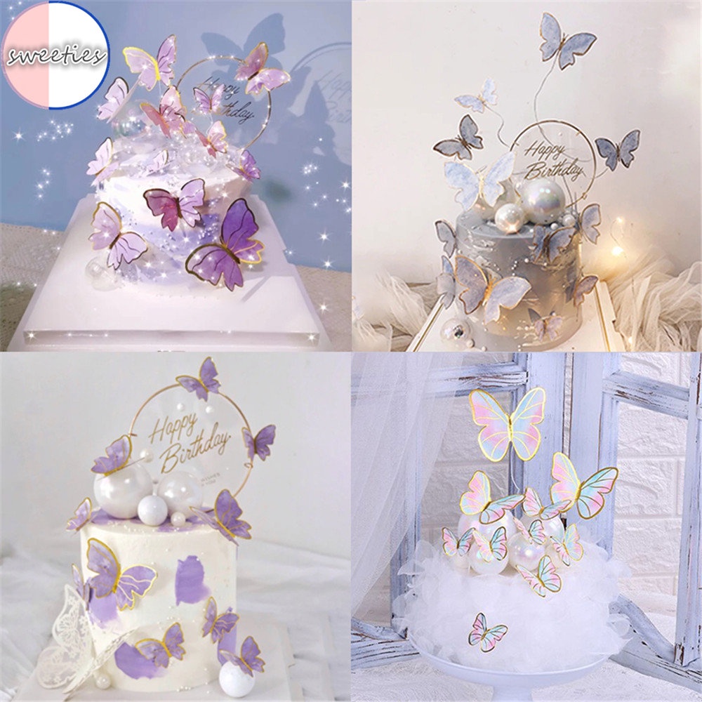 10pcs / set Hiasan Topper Kue Dengan Bahan Akrilik Dan Bentuk Kupu-Kupu Warna Warni