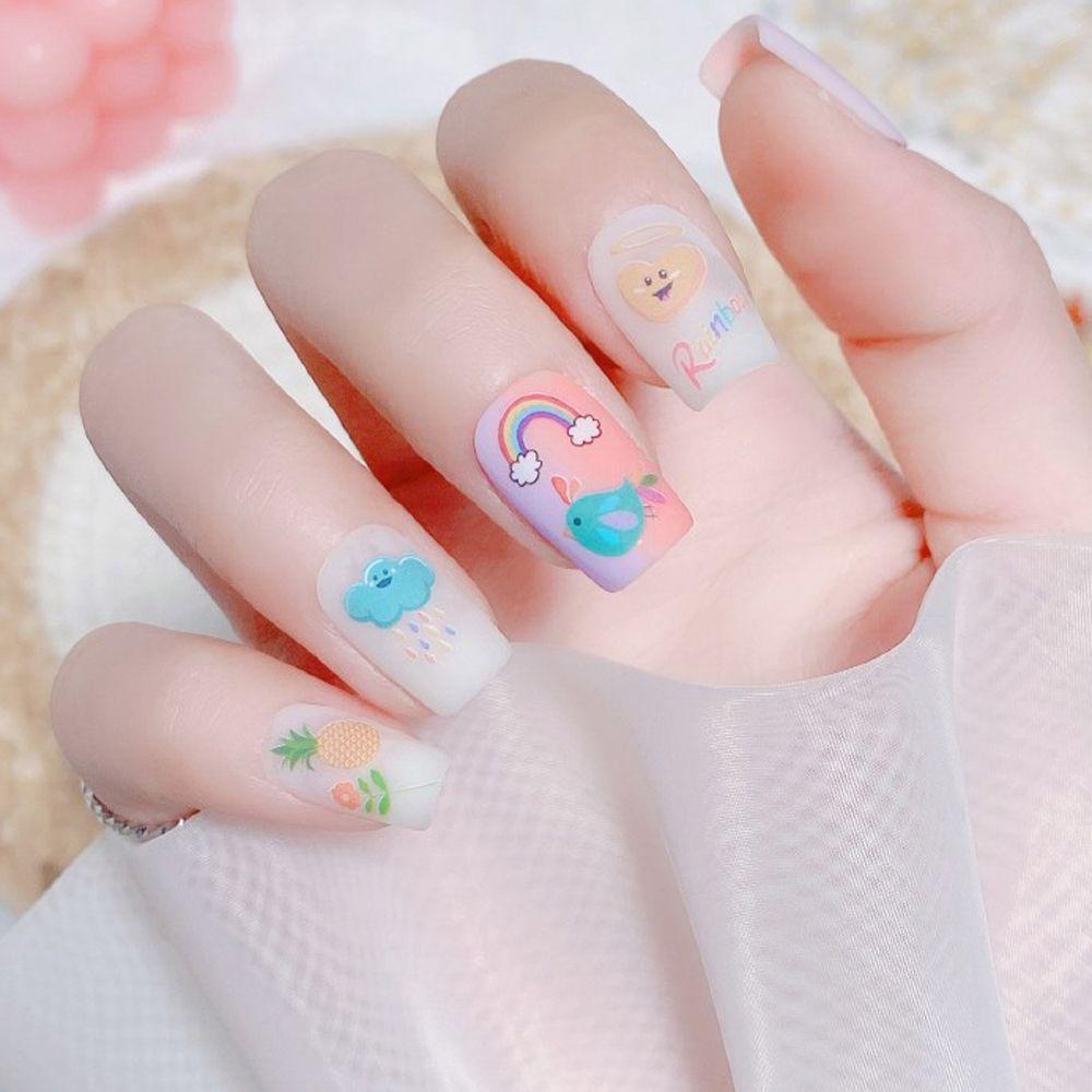 AUGUSTINA Agustina Stiker Kuku Huruf Gadis Bunga Pelangi Burung Kartun DIY Nail Decals