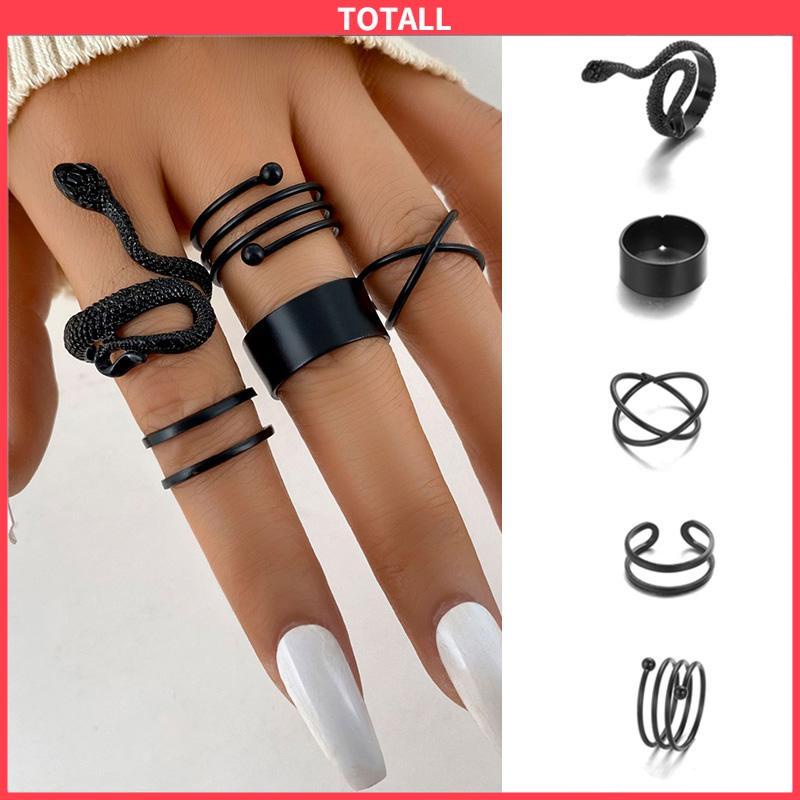 COD 5PCS kreatif ms. Jane cincin wanita menggabungkan cincin ular hitam geometri-Totall