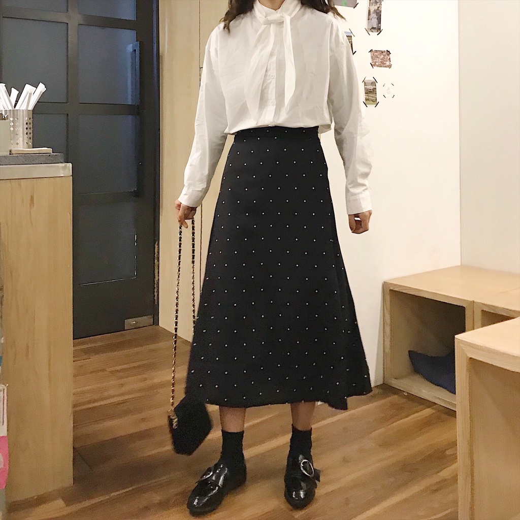 Versi Korea Fashion Chic Retro Pinggang Tinggi Hitam Polka Dot A-line Rok Wanita