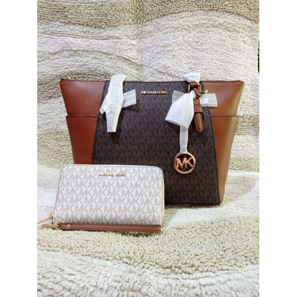 Michael Kors Charlotte Large Tote Bag Signature Brown Top Zip