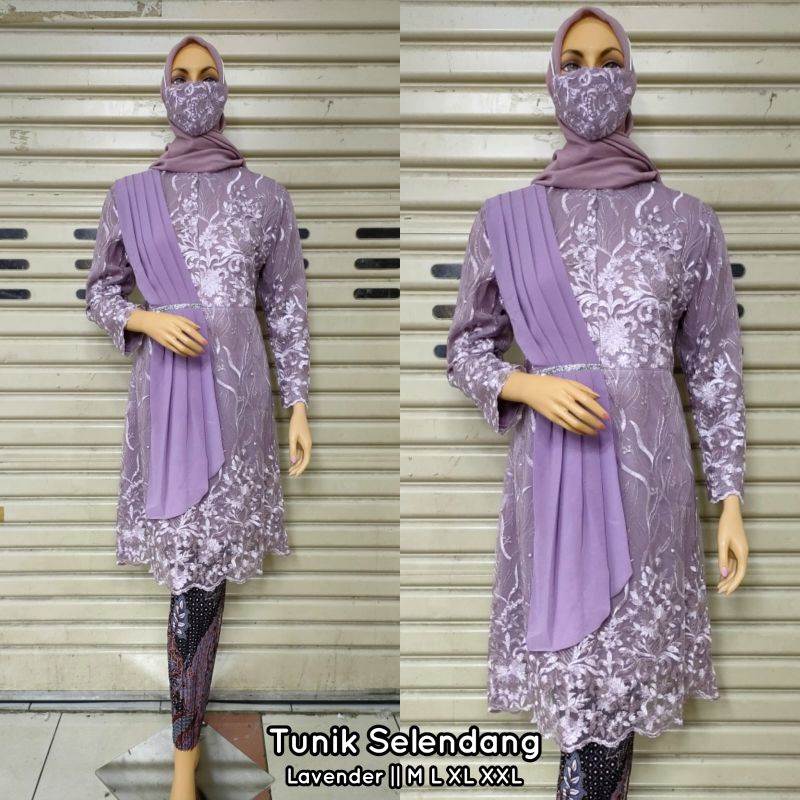 Setelan Kebaya Tunik Selendang Kareema Busui Friendly Bahan Tulle Full Bordir Mix Ceruty Babydoll