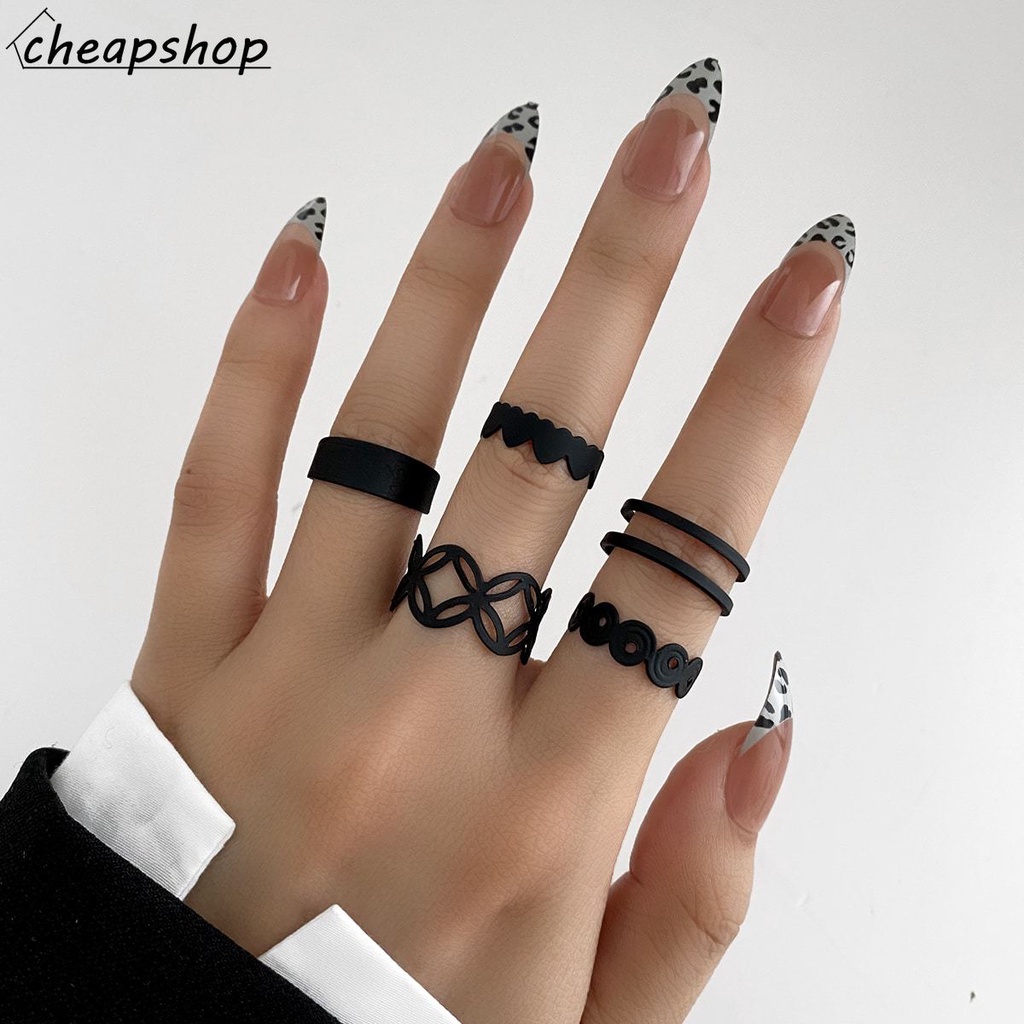 IFYOU 5pcs / Set Cincin Geometris Warna Hitam Gaya Vintage Untuk Wanita