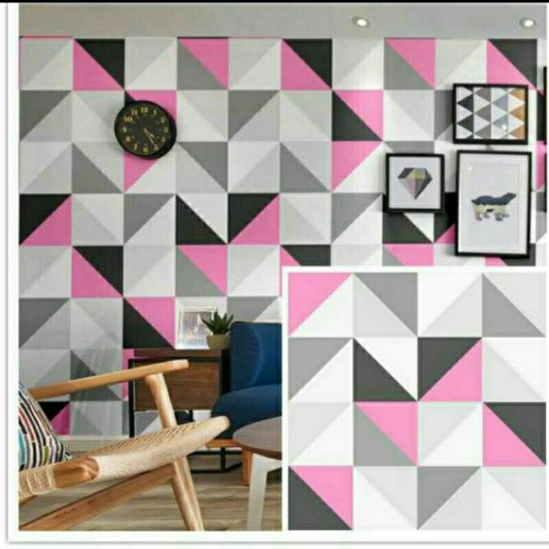 wallpaper dinding motif segi tiga warna warni pink
