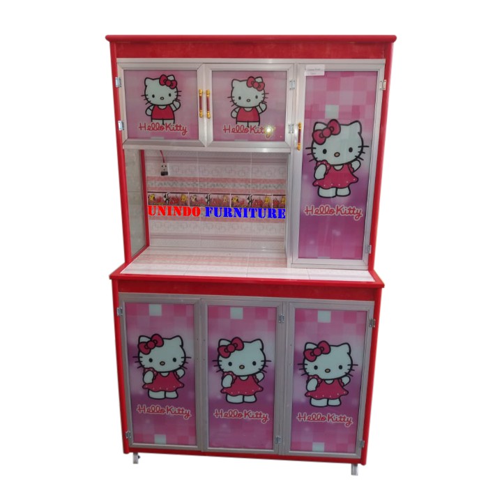 LEMARI DAPUR RAK PIRING RODA KAYU KITCHEN SET 3 PINTU HELLO KITTY
