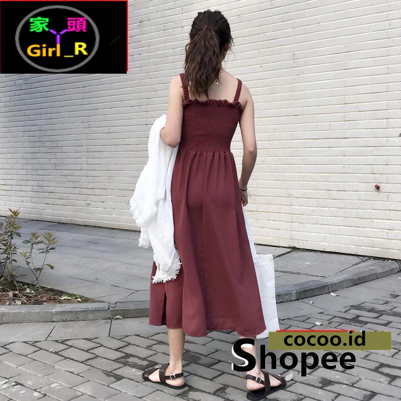 \u2764Girlmaid\u2764 Dress Midi Korea Square Neck Tanpa Lengan Rok A-Line Lipit Warna Polos untuk Wanita