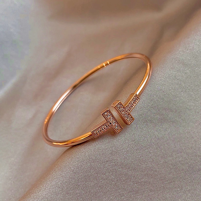 Gelang Berlian Imitasi Korea Klasik Fashion T Bentuk Bangle Terbuka Perhiasan-rose gold