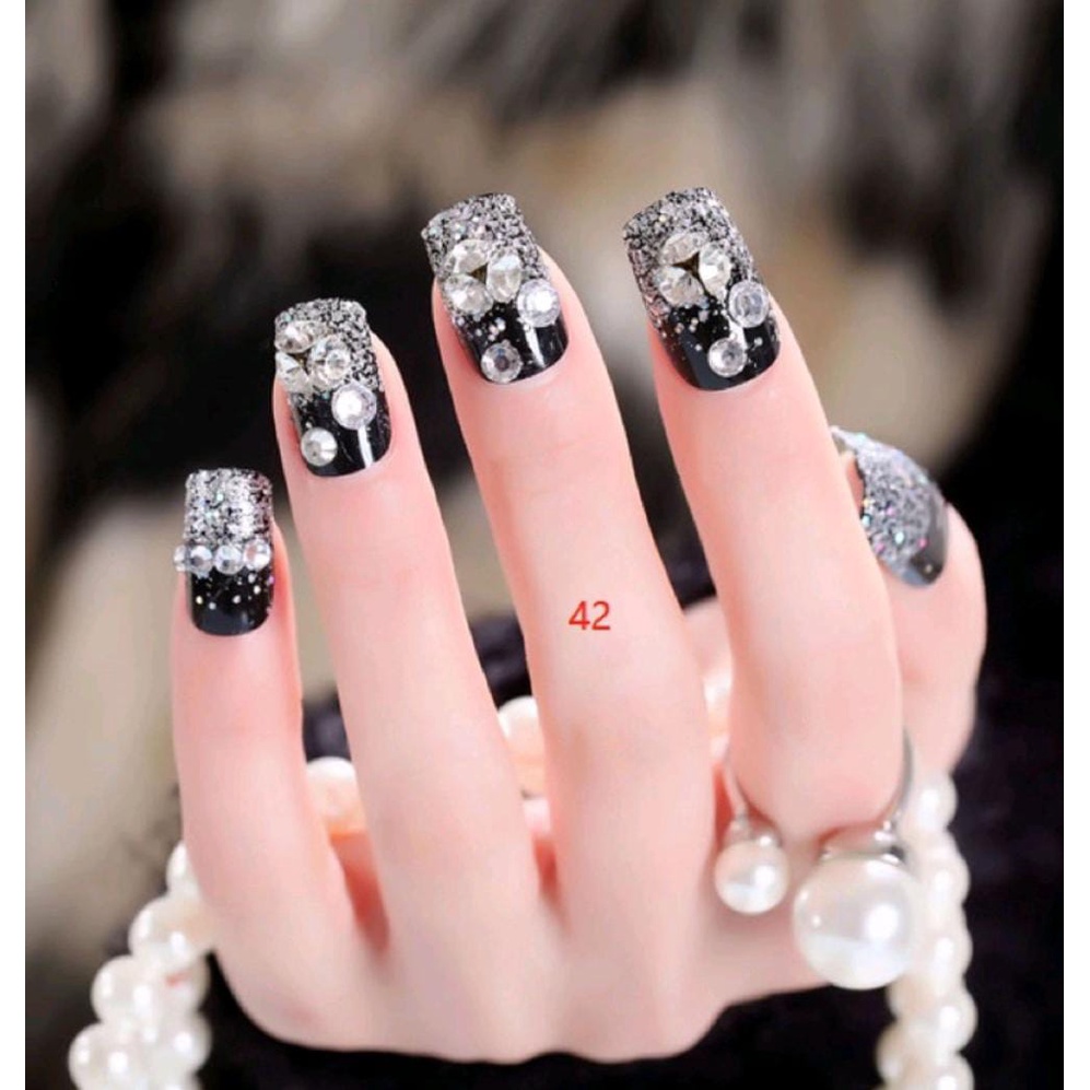 24PCS BLACK WEDDING FAKE NAILS / KUKU PALSU PERNIKAHAN HITAM PUTIH TILE KUKU PALSU RHINESTONE