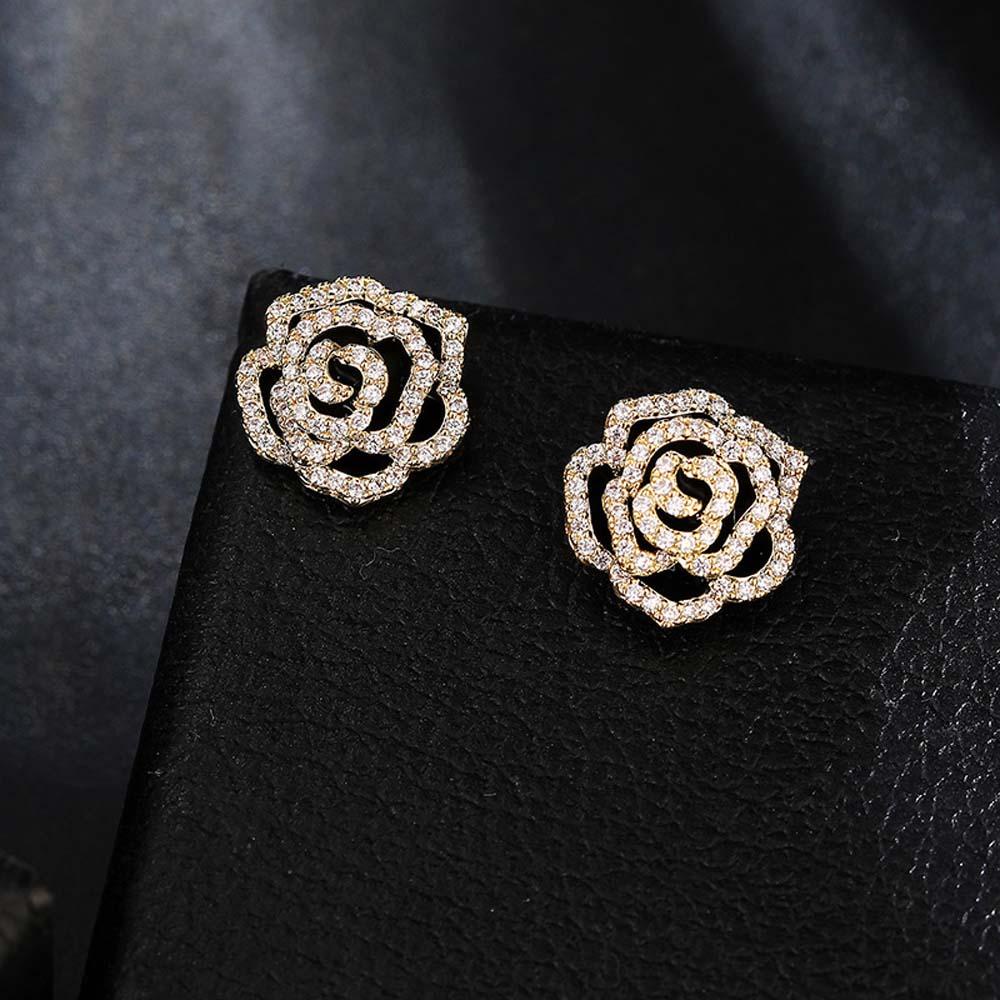 Needway Camellia Anting Temperamen Retro Wanita Perancis Berlian Imitasi Hitam Fashion Perhiasan