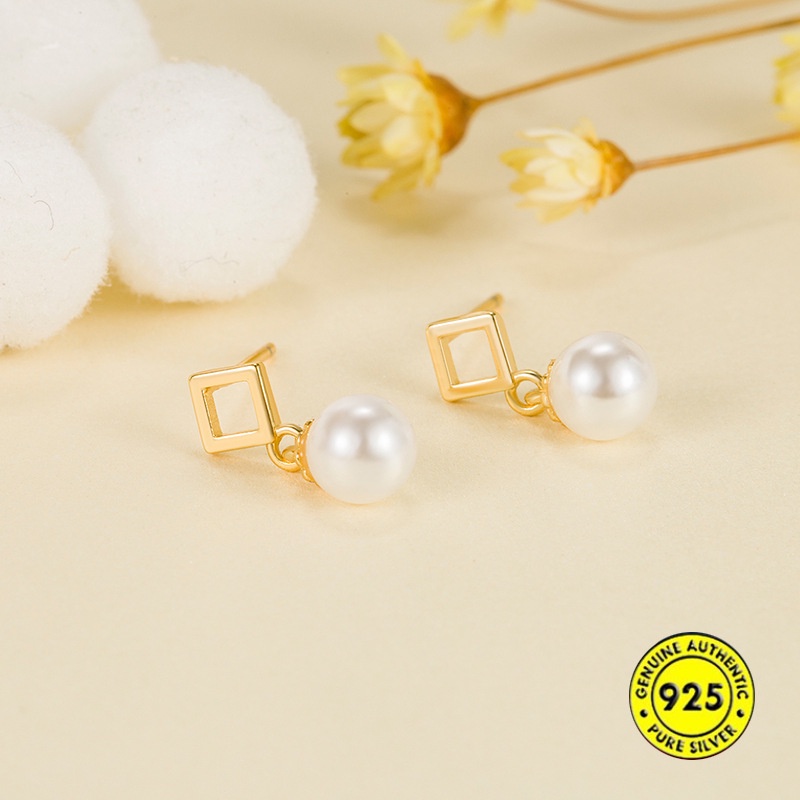 Anting Tusuk Motif Geometri Hias Mutiara Imitasi Ala Perancis / Vintage Untuk Wanita