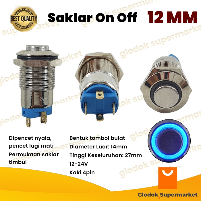 Switch Metal 12mm Push On Off Lampu 4 Pin Saklar Stainless 4pin LED Tombol Self Locking 12-24V