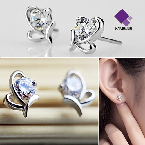 Naiveblue Anting Tusuk Sterling Silver 925 Desain Hati Hias Zircon Untuk Wanita