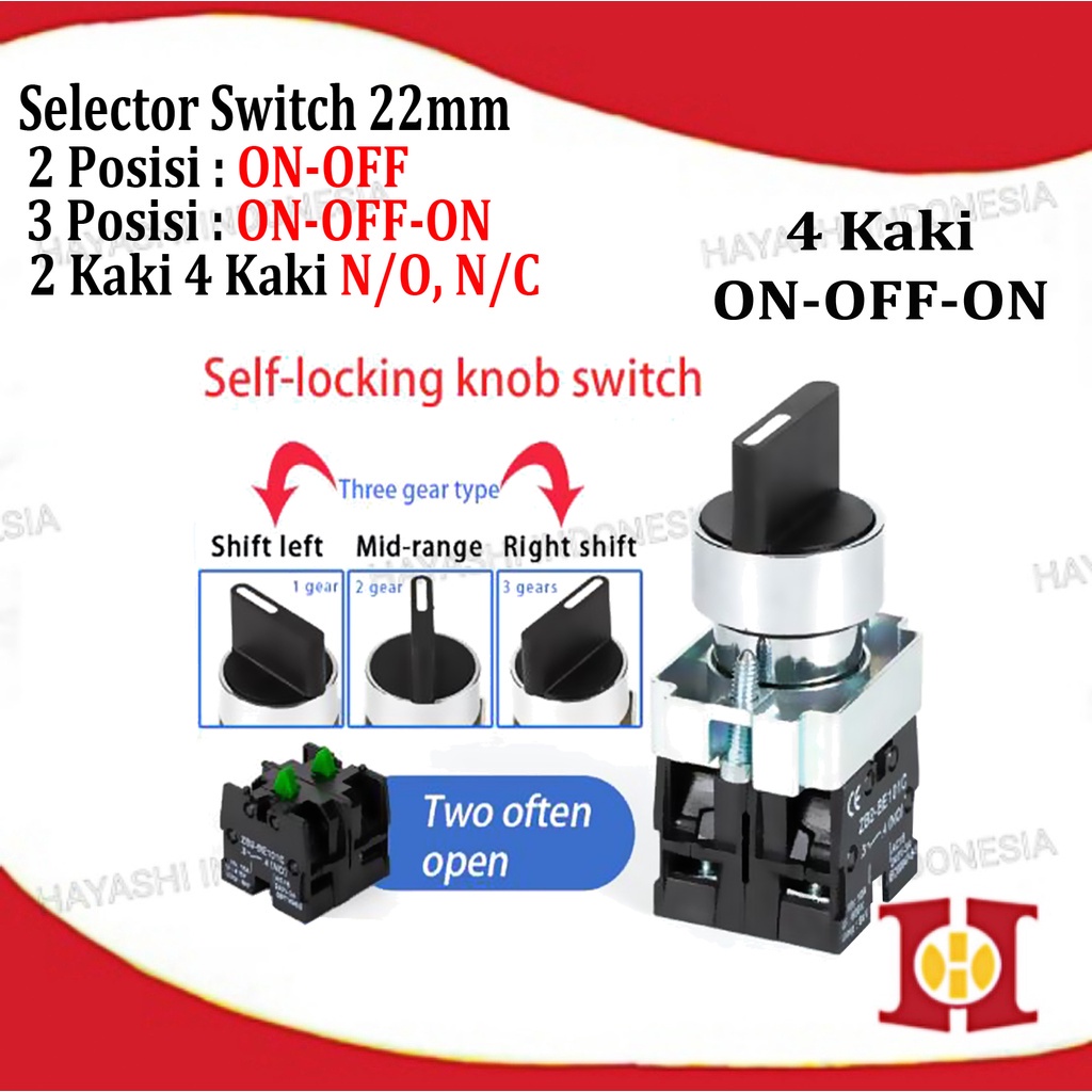 Selector Switch 22mm 2 3 posisi 1 2 NO NC 2 4 Kaki On Off On