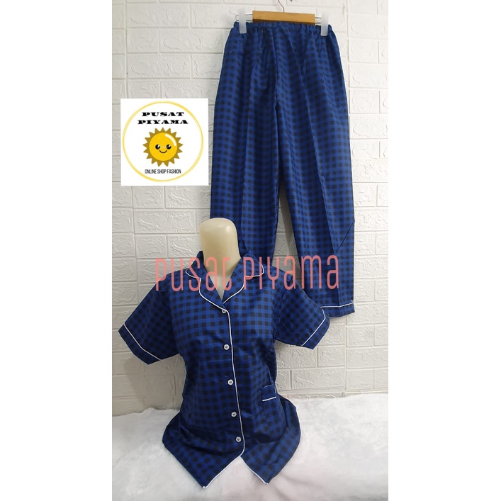 Setelan Lengan Pendek Piyama Baju Tidur Wanita Guilen Kotak Pajamas Cewek Dewasa Kekinian Abg-L Lumina Pendek BIRU