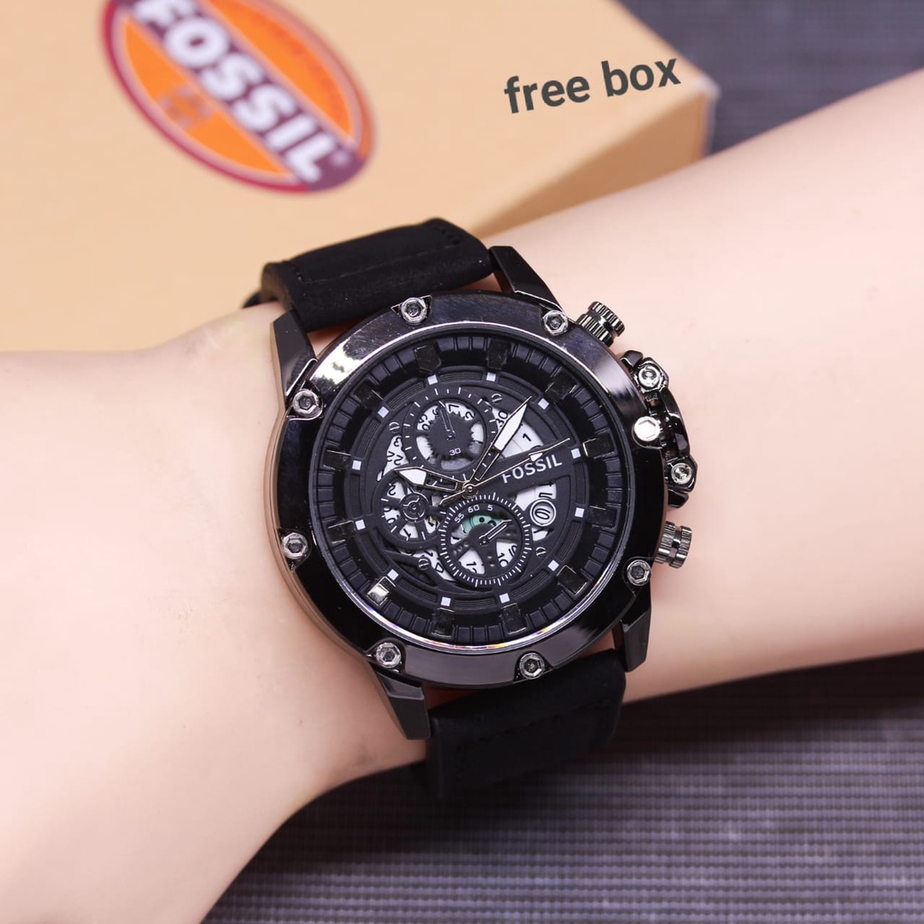 Jam Tangan Pria E91009V Tali Kulit Tanggal Aktif Chrono Variasi Free Box Exclusive &amp; Baterai