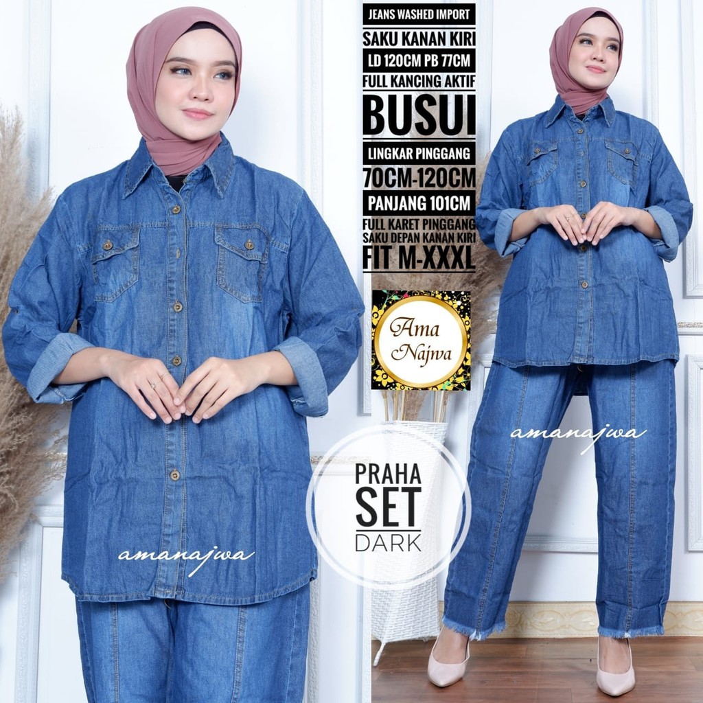 Praha Set Baju Setelan Jeans Wanita Jumbo Ld 120 Polos Terbaru