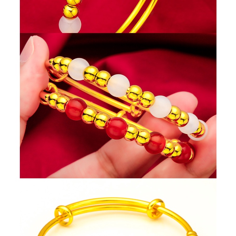 Goldkingdom Fashion Perhiasan Emas Asli Kadar 375 Bangkok Aksesoris Ready Stock 8mm Agate Adjustable Gelang Dorong Tarik Lebar Gelang Agate Wanita