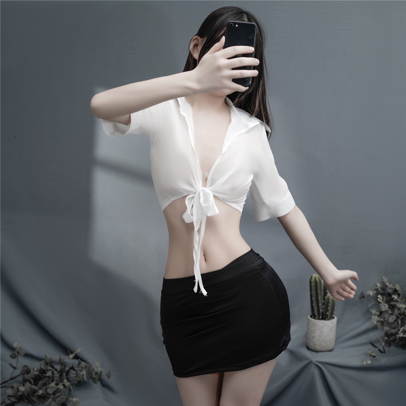 Wanita Lingerie Sexy Kardigan Seragam Seksi Rok Pendek Sekretaris Cosplay Set 3A231