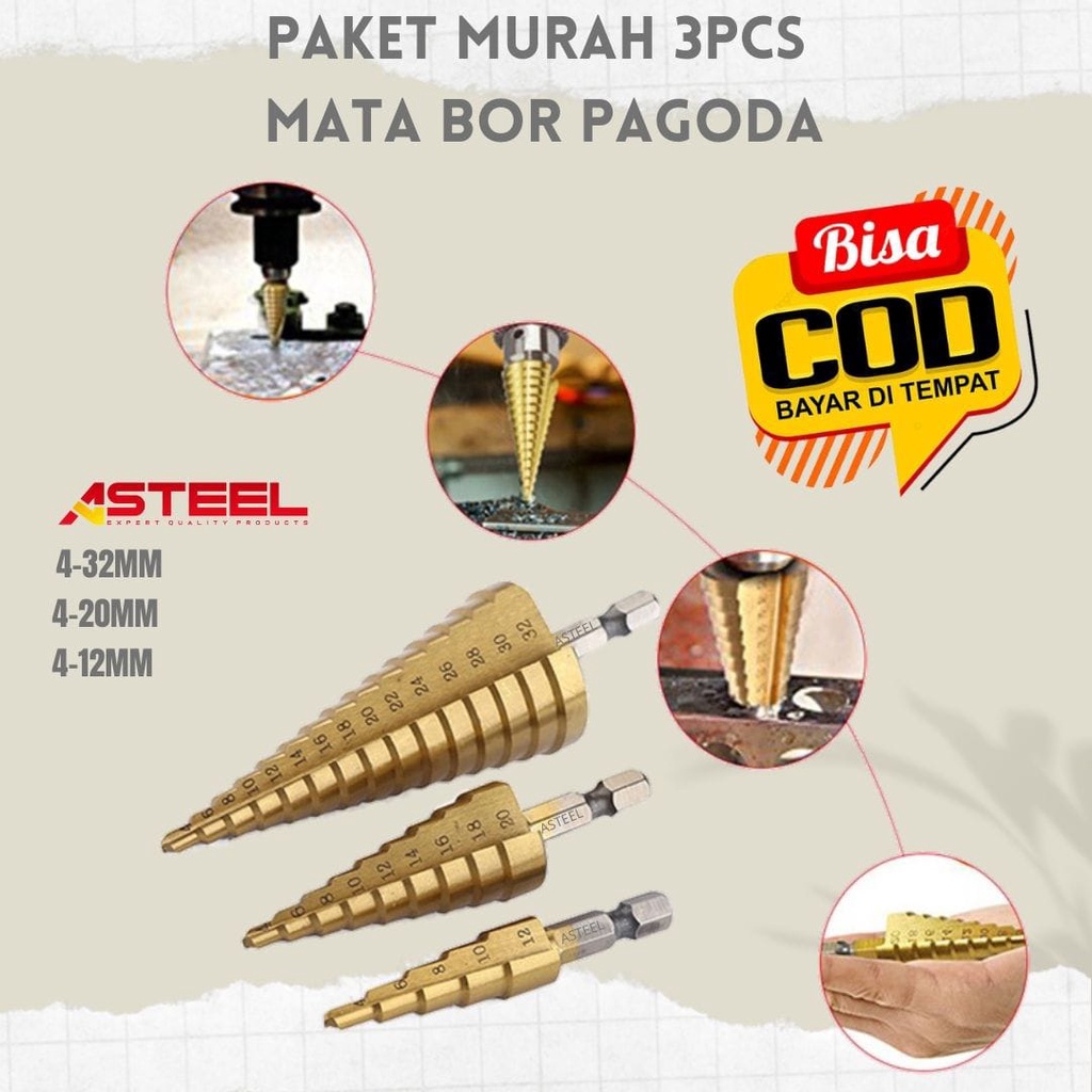 ASTEEL  3PCS Mata Bor Pagoda multi Step Drill High Speed Steel 4 - 12 MM 4 -20 MM 4 - 32 MM Titanium Coating Spiral Kerucut Tangga Payung Step Cone Drill Bits Lubang Besi Kayu Plastik Acrylic Karpet PVC Tembaga  - Step Drill - Mata Bor Bangunan