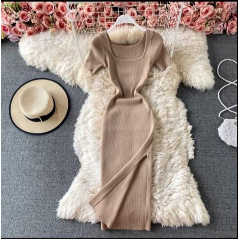 MDLV ~ DRESS KELLYA RAJUT DRESS RAJUT PANJANG SLIDE SAMPING DRESS BODYCON LONG DRESS FASHION WANITA