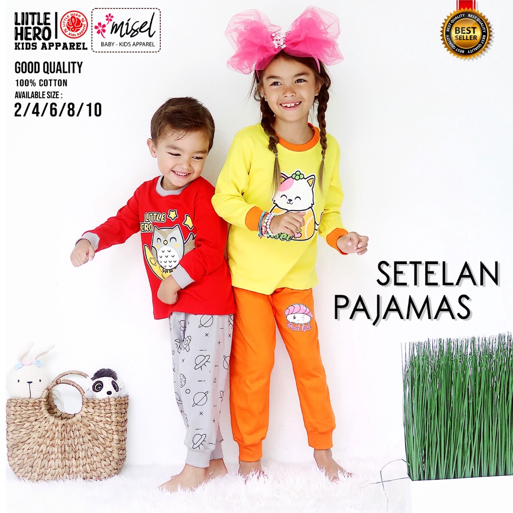 PIYAMA ANAK MEREK LITTLE HERO AND MISEL 4-8 TAHUN BAHAN KATUN SOFT 24'S SABLON RUBBER ANTI PECAH