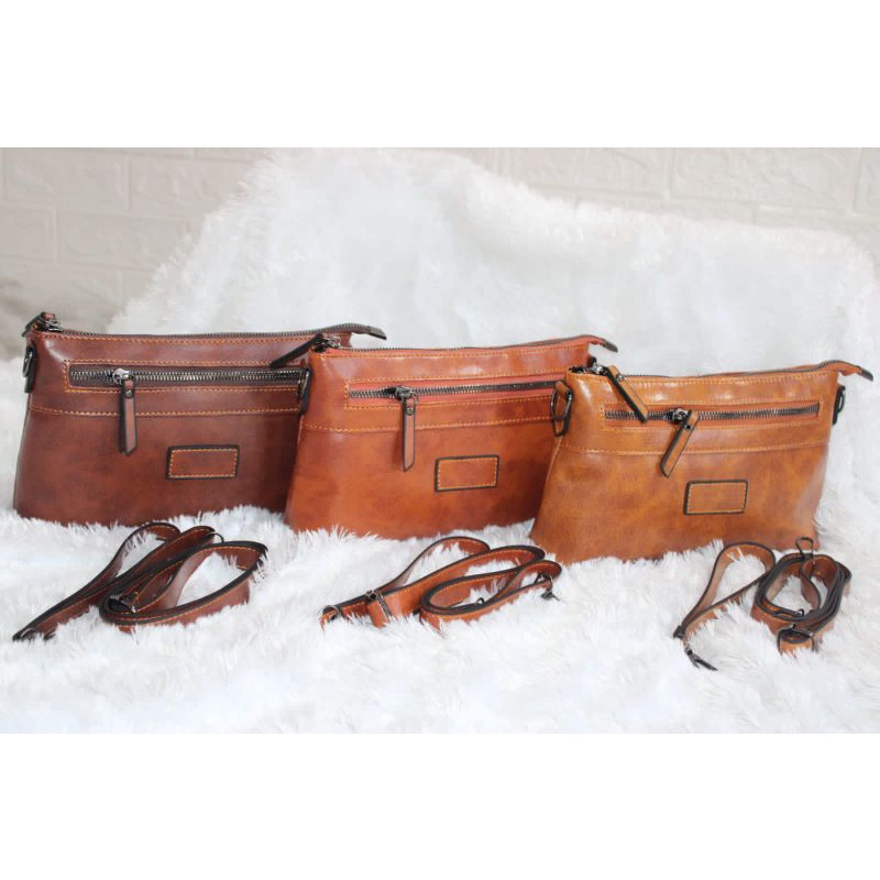 TAS SELEMPANG SLINGBAG SLING BAG TALI PANJANG KULIT SINTETIS WARNA DARK BROWN COKLAT TUA CHOCO CAMEL
