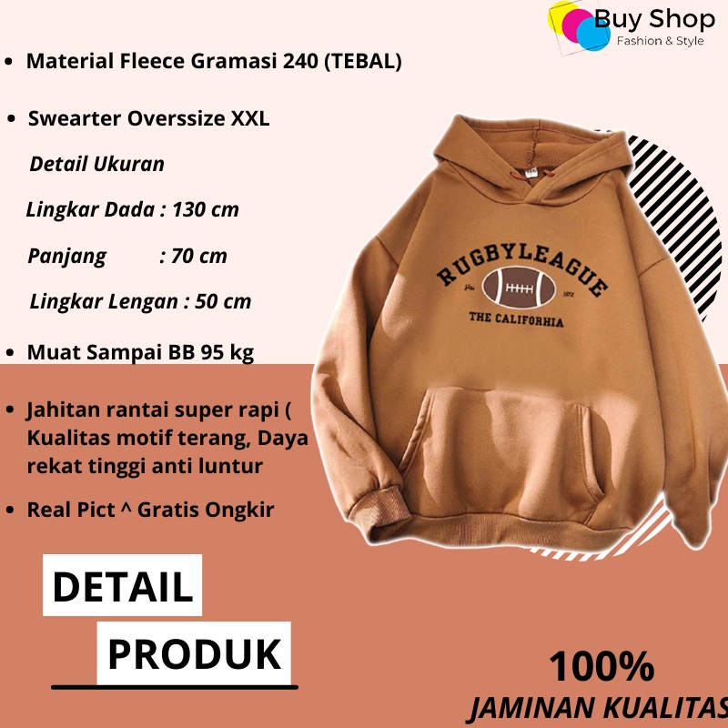 sweater hoodie wanita pria/unisex  RUGBY LEAGUE oversize sweater couple cewek cowok oversize LD 130 CM-2