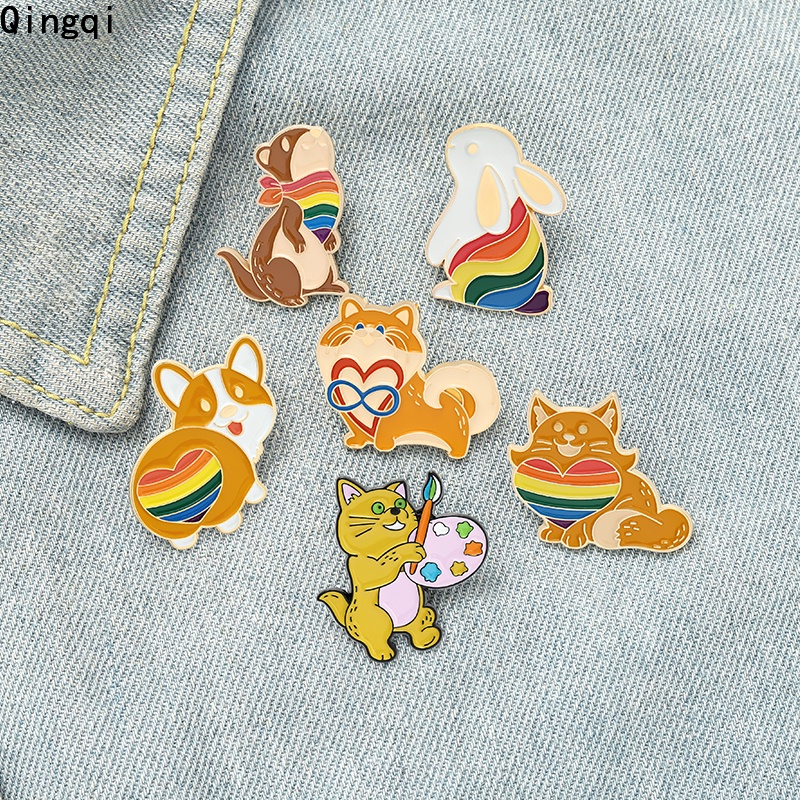 Bros Pin Enamel Bentuk Kartun Hewan Kucing Kelinci Corgi Tupai Warna Pelangi Untuk Hadiah