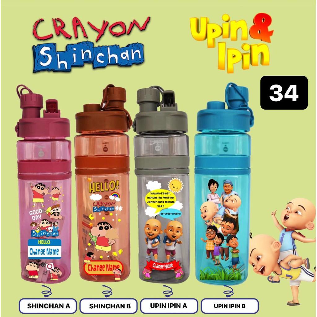 

K 34 Botol Minum Custom Nama / Print UV / Crayon Shinchan / Upin Ipin