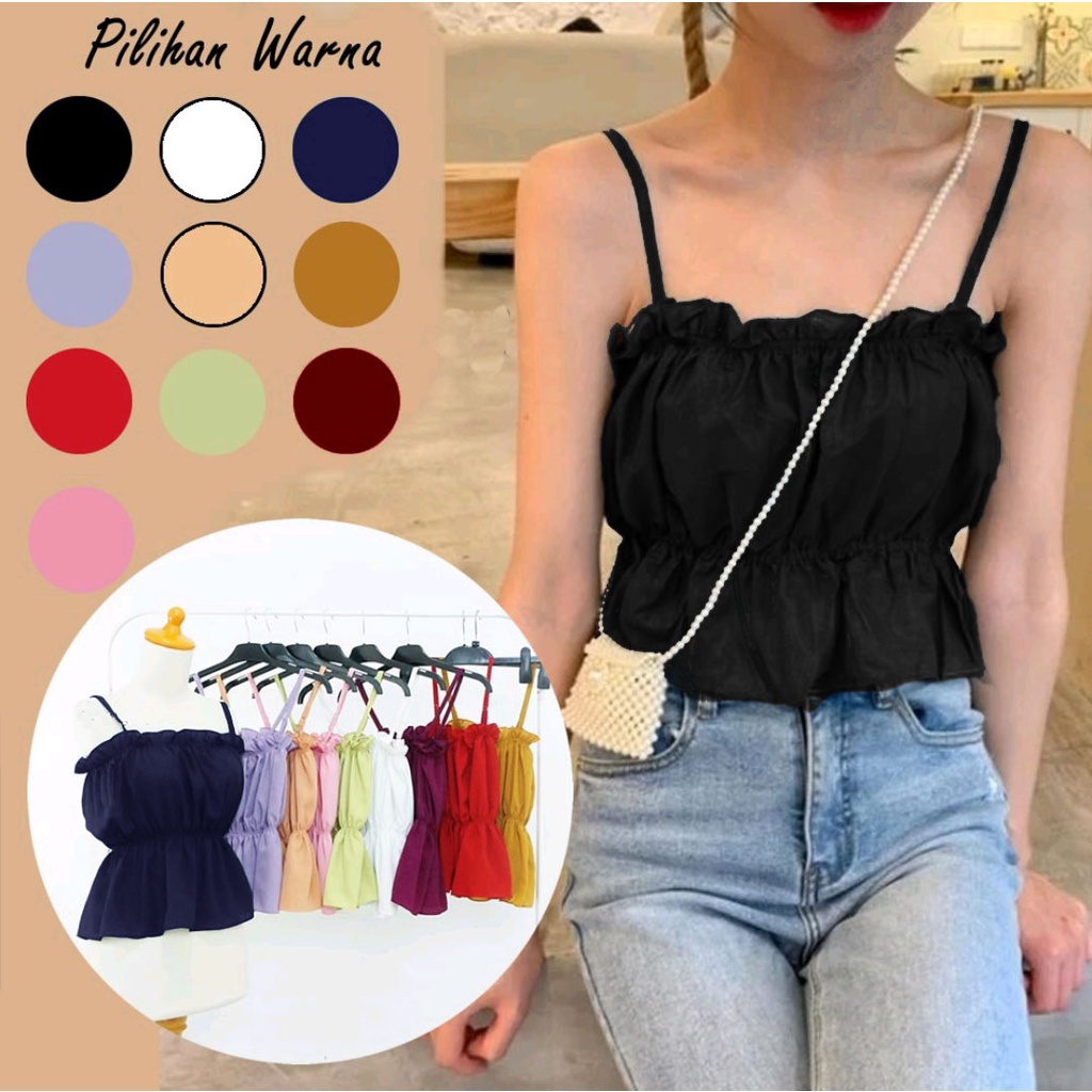 Tanktop Tali Kecil Kerut Tengah Polos Bahan Adem  / Tanktop Korea 877