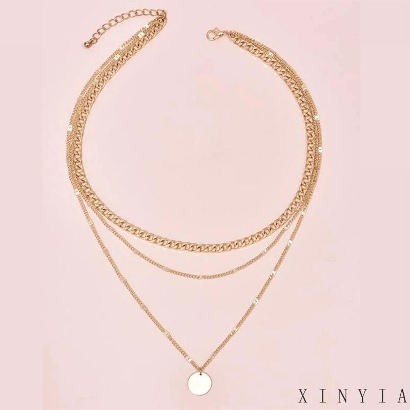 Xia.id Kalung Rantai Pendek Multi layer Liontin Bulat Kecil Hias Kristal Untuk Pria / Wanita