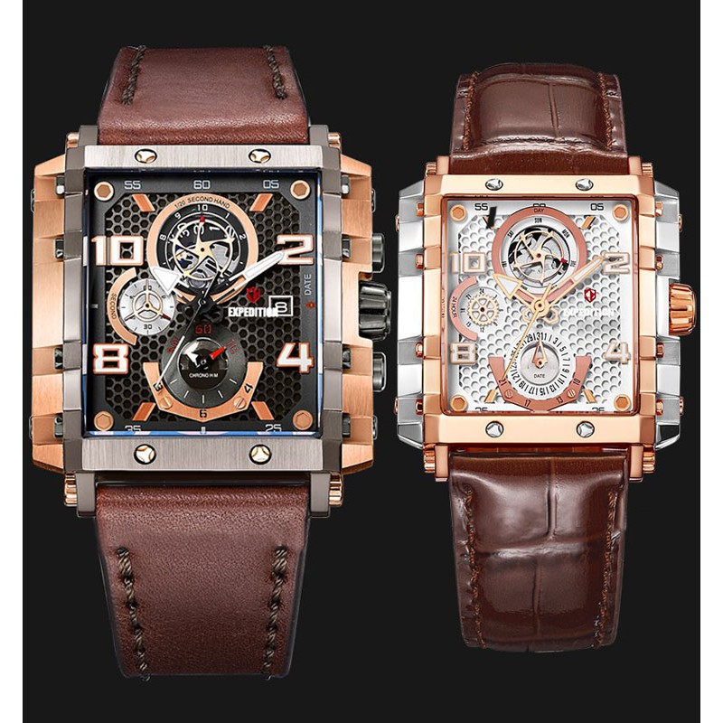 Expedition E 6757 SBRG Couple Black Dial Brown Leather Strap