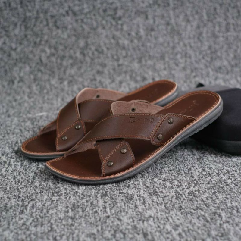 BRLN 003 Brown Sandal Pria Full Kulit Asli Original Sendal Santai Anti Slip Klasik