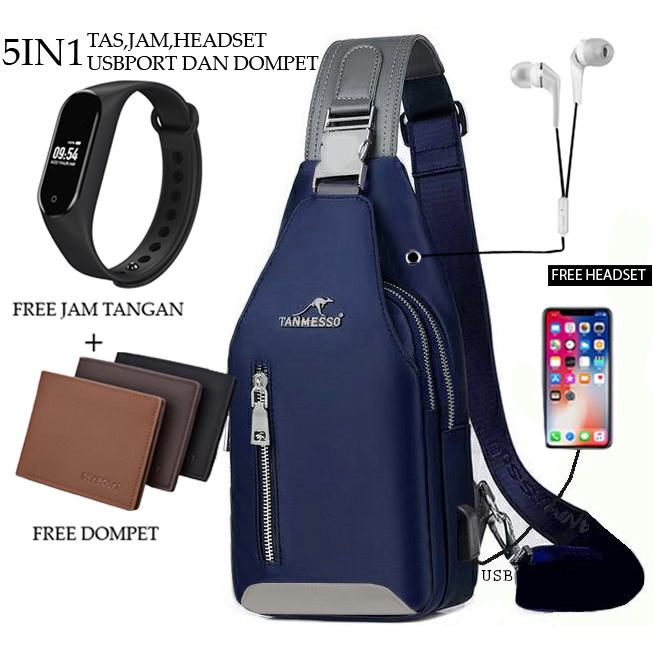 TANMESSO 5in1 BAYAR DITEMPAT- JAM LED -HEADSET- DOMPET -USBPORT -TAS WATERPROOF-BAHAN INTERPILAR SENDIRI LEMBUT DAN TEBAL MENGANDUNG 70%COTTON BUKAN PARASUT ATAU KANVAS SEPERTI YANG BEREDAR DIPASARAN-TAS SELEMPANG PRIA-SLING BAG PRIA