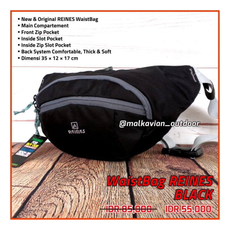 PROMO DISKON WaistBag REINES BLACK Tas Pinggang Slempang Pendaki Gunung hiking camping outdoor